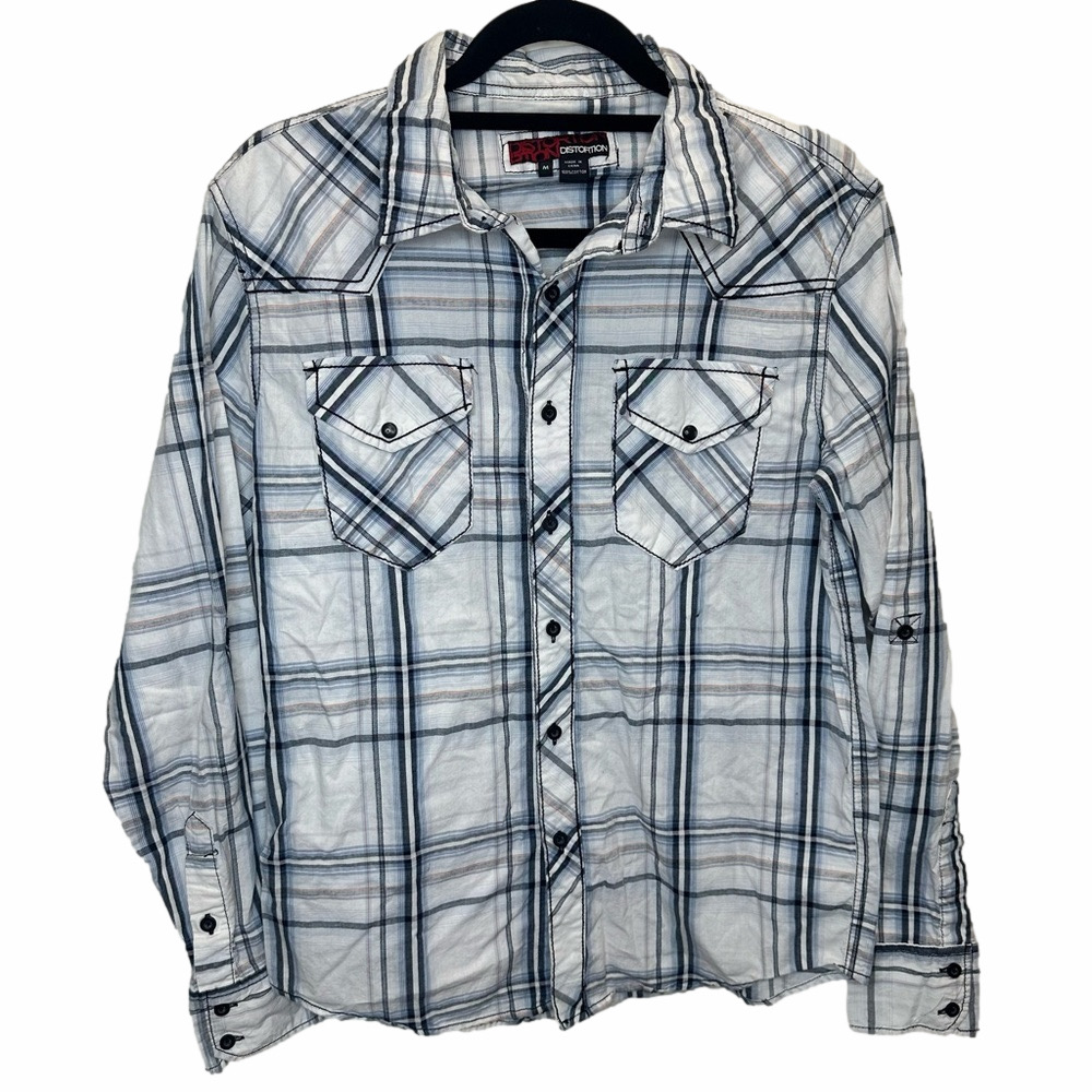 Distortion Mens Button Front Blue & White Flannel Shirt Size Medium